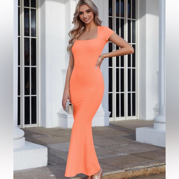 Women's Elegant Square Neck Long Dress Ribbed Bodycon Maxi Formal Dress, size M - Picture 3 of 9
